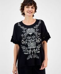 ジェイエムコレクション レディース アウター ニット・セーター 刺繍 フリンジ JM Collection Womens Embroidered FringeTrim Poncho Top Deep