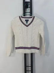 POLO RALPH LAUREN ポロラルフローレン キッズ ケーブル ニット 3本線 Vネック コットン 白 m 8-10