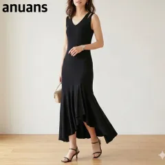 アニュアンス anuans スリットショルダーマーメイドニットワンピース ノースリーブ ロング 黒 ブラック フリーサイズ