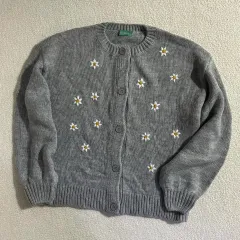 日本 ヴィンテージ グレー フラワー ニットカーディガン