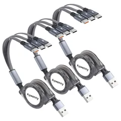 【人気商品】【3本セット】3 in 1巻き充電ケーブル、USB多機能充電ケーブル、3A高速充電、3つのTypeCインターフェースを持ち、3台の機器の同時充電に対応しているだけでなく、長さ調整が可能で、出張/旅行/オフィスなどのシーンで使用でき、Switch/H