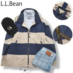 90s エルエルビーン L.L.Bean コットン ナイロン マウンテン ジャケット L ボーダー柄 ベージュ × ネイビー アウトドア アメカジ ストリート カジュアル メンズ