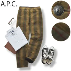 【希少】 90s ヴィンテージ 日本製 アーペーセー APC オイルド 加工 コットン パンツ ボタンフライ ストレート 31 チェック柄 ブラウン フレンチ カジュアル シティールック メンズ