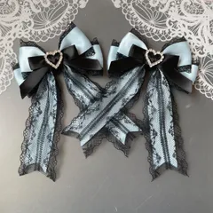 大きめハート♡ダブルリボン　水色×黒　ヘアクリップ  量産型　地雷　ゴスロリ　天使界隈　サブカル　コンカフェ