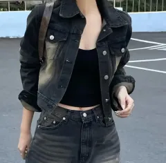 リーツ ポケット ヴィンテージ ブラックデニム ウォッシュ ジャケット m