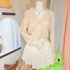 アイボリー ケーブル編み クロップド カーディガン