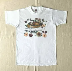 〜00s　archive　MADE IN USA　アメリカ製　FOTL　フルーツオブザルーム　向日葵　ひまわり　蝶　かご盛りフルーツ　アートグラフィック　ビッグプリント　半袖白Tシャツ　M　アメカジ　C-BOY　fruit & flower T-shirt