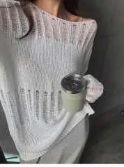 白 シースルー ニット 長袖Tシャツ