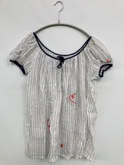 agnes b. アニエスベー シャツ/ブラウス 36 ホワイト コットン ストライプ柄 刺繍 ミドル丈 半袖 ノーカラー