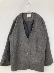 SELKEYS ノーカラージャケット LL グレー ウール・ニット ツイード コットン ナイロン 無地 ミドル丈