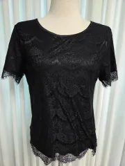日本 ヴィンテージ ブラック レース 半袖 ブラウス