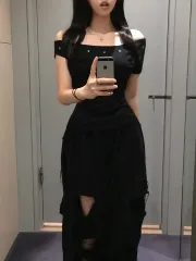 selez エンブロイダリー ONE オフショルダー ボートネック アシンメトリー 半袖 Tシャツ