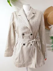 新品 ザラ リネンコットン ストライプ ジャケット 66 アイボリー M