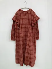 Samansa Mos2 サマンサモスモス ワンピース M レッド コットン リネン・麻 チェック柄 フリル 長袖 ロング・マキシ丈 フレア