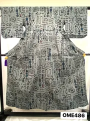 【着物】夏用着物　小紋　単衣　綿　ちぢみ　グレー地　抽象柄　着物　和装　OME486