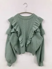 MOUSSY マウジー ニット/セーター F グリーン ウール・ニット 無地 フリル ショート丈 長袖 クルーネック(丸首)