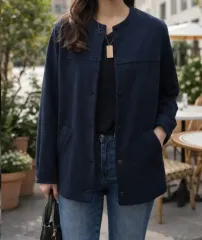 ネイビー ノーカラージャケット 66 季節の変わり目 アウター インナー用 新品