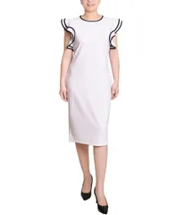 ニューヨークコレクション レディース トップス ワンピース プチ フリル コントラスト NY Collection Petite Ruffle Sleeve Dress with Contrastipping White Black ホワイト