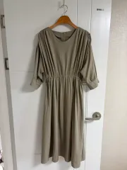 (日本 ヴィンテージ)ロング ワンピース 7分 袖 ゲストルック L コットン 麻 レーヨン