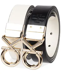 カルバンクライン レディース アクセサリー ベルト Calvin Klein Womens Reversible Puffed CK Monogram Buckle Belt Boneblack ブラのサムネイル