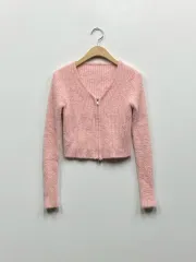 ピンク ファー クロップド ジップアップ カーディガン