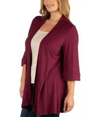 24 セブンコンフォート レディース アウター ニット・セーター プラスサイズ カーディガン 24seven Comfort Apparel Open Front Elbow Length Sleeve Plusize Cardigan Dark Red レッ