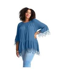 アベニュー レディース トップス シャツ フリンジ AVENUE Womens Crochet Fringe Trim Tunic Dusty indigo インディゴ