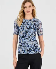 アンクライン レディース トップス シャツ プリント メッシュ 半袖 Anne Klein WomenshortSleeve Printed Mesh TShirt Anne Black Multiのサムネイル