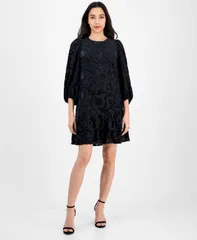 アンクライン レディース トップス ワンピース バルーンスリーブ プチ ベルベット Anne Klein Petite Balloon Sleeve Burnout Velvet Dress Black ブラック