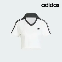 アディダス アディカラー フットボール ジャカード Vネック クロップド ポロ Tシャツ 半袖 白