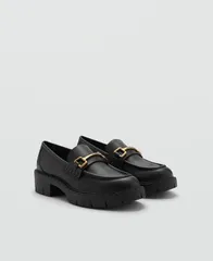 マンゴ レディース シューズ パンプス トール レザー MANGO Womens Metallic Detail Leather Moccasins Black ブラックのサムネイル