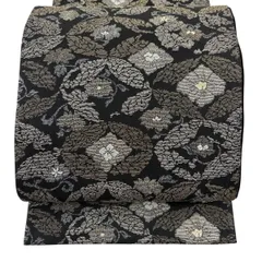 袋帯 名品 モール織 七宝花唐草文 金糸 箔 黒 六通 正絹 【中古】