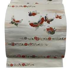 【美品】 袋帯 秀品 花唐草 蝶 金糸 刺繍 クリーム 六通 正絹 【中古】