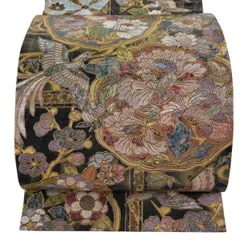 【美品】 袋帯 秀品 枝花 尾長鳥 箔 金銀彩 黒 お太鼓柄 正絹 【中古】