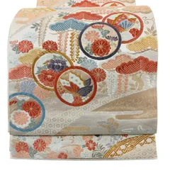 袋帯 秀品 関西仕立て 丸文 草花 金糸 箔 クリーム 六通 正絹 【中古】