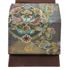袋帯 秀品 向かい鳥 花唐草 金糸 箔 小豆色 お太鼓柄 正絹 【中古】