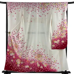 振袖 身丈157cm 裄丈66.5cm M 袷 桜 蝶 金糸 金彩 クリーム 正絹 名品 【中古】