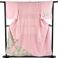 付下げ 身丈154.5cm 裄丈64.5cm M 袷 堀省平 草花 幾何学模様 金銀彩 ピンク 正絹 名品 【中古】