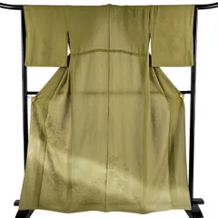 付下げ 身丈162cm 裄丈64cm M 紗絽袷 菊 蝶 銀彩 鶯色 正絹 名品 【中古】