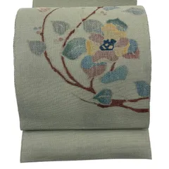 【美品】 名古屋帯 秀品 八寸名古屋帯 枝花 刺繍 灰緑 お太鼓柄 正絹 【中古】