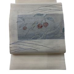 6k751 名古屋帯 絹 夏帯 夏物 絽 唐織 ベージュ 赤 銀色 白 花柄 
