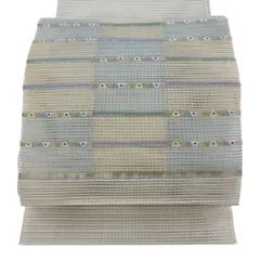 名古屋帯 秀品 夏帯 絽 八寸名古屋帯 松葉仕立て トンネル仕立て 縞 幾何学模様 金銀糸 クリーム 正絹 【中古】