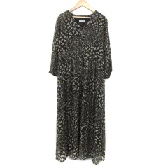 プラステ PLST ワンピース ロング丈 マキシ丈 七分袖 Vネック 花柄 M ブラック 黒 /YM20