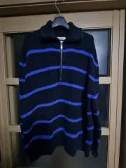 COS コス ブラック ブルー ストライプ ニット ジップアップ m