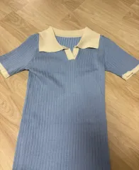 カラーネック ゴージ 半袖 ニット ブルー