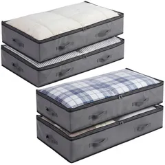 【新着商品】収納 布団 衣替え 引っ越し 衣類 ファスナー付き ハンドル付き 不織布ケース 折り畳み 通気性の良い 高さ18cm 4枚組 大容量 グレー 敷布団収納ケース 透明 ベッド下収納