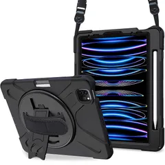 【新品】 ProCase iPad Pro 11 ショルダーケース 第4/3/2/1世代に適用（2022 2021 2020 2018)、 肩掛け式 ペンホルダーと手首付き 回転スタンド 耐衝撃バックカバー