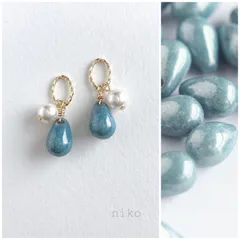 ◆ 274 ターコイズラスター しずく ガラス パール ピアス イヤリング ◆　再販 人気 上品 小ぶり プチプラ シンプル ハンドメイド ブルー 水色