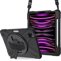 【新品】 ProCase iPad Pro 12.9 ショルダーケース 第6/5/4/3世代に適用（2022 2021 2020 2018）、肩掛け式 ペンホルダーと手首付き 回転スタンド 耐衝撃バックカバー