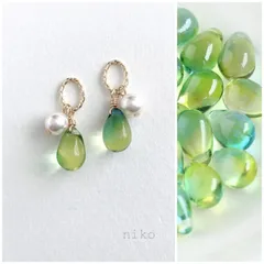 ◆ 266 イエロー ブルーグリーン しずく ガラス パール ピアス イヤリング ◆　再販 人気 上品 シンプル 小ぶり プチプラ ハンドメイド